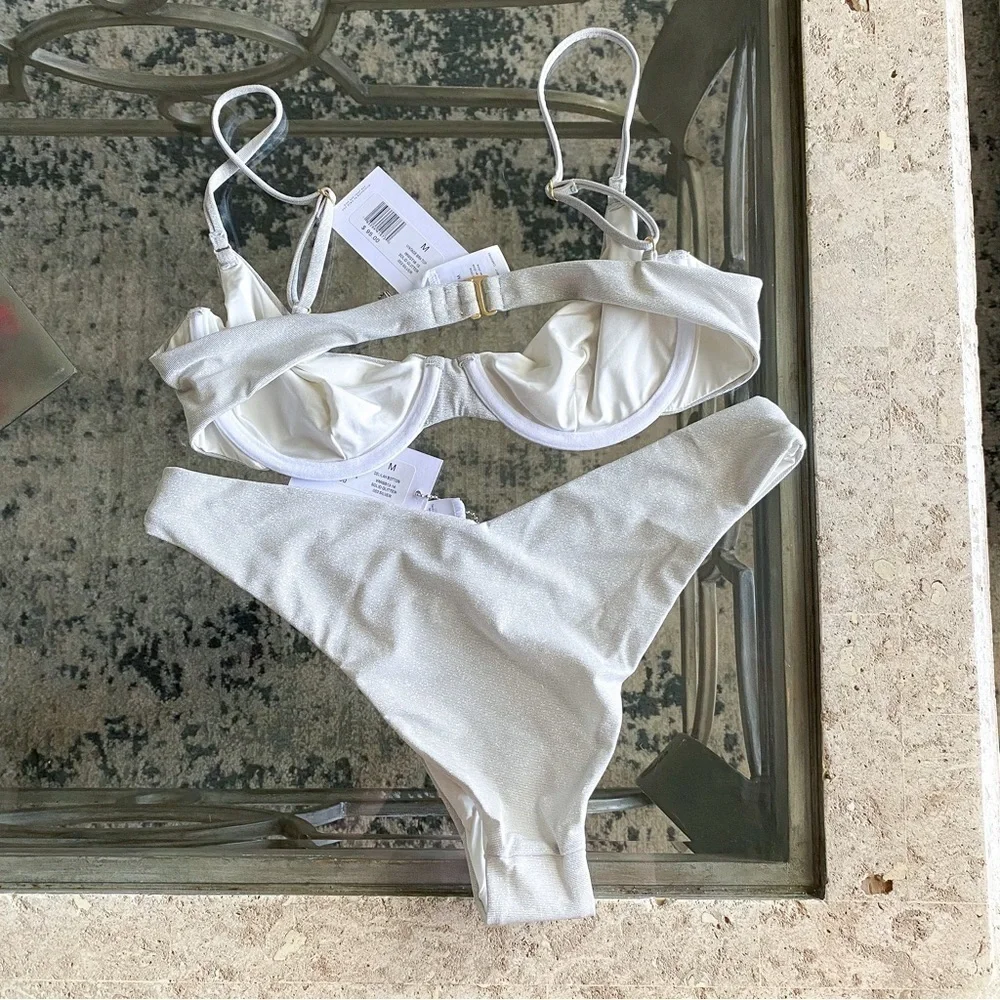 WeWoreWhat Bikini Vintage Bra Delilah Shimmer Sparkly Solid Glitter Silver M NWT